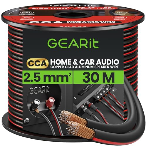GEARit 2x2.5mm² Speaker Cable 30M, 14AWG Twin Core Speaker Wire with Polarity Markings, Flexible CCA Copper Clad Aluminum Audio Cable for In-Wall Home Home Cinema, HiFi & Car Stereo - Black
