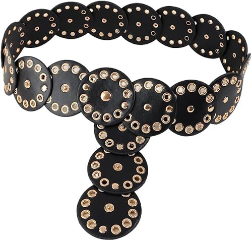 TOFBS Gürtel für Damen Vintage Mode Runde Scheibe Hakenverschluss Ledergürtel Durchbrochener Metall Verstellbarer Gürtel Western Cowgirl Breiter