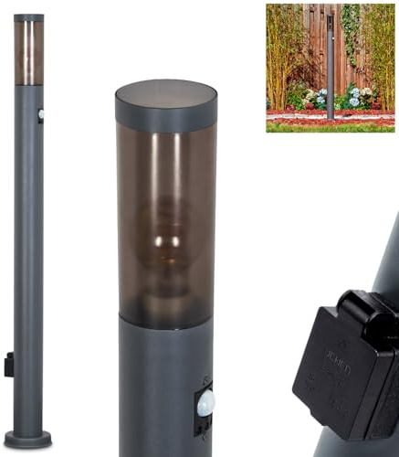 HOFSTEIN Wegeleuchte Sessa, Außenwegeleuchte mit Bewegungsmelder und Steckdose aus Metall/Kunststoff in Anthrazit/Rauchfarben oder Weiß, moderne Außenleuchte für Garten, Hof, Höhe 110 cm, E27, IP44