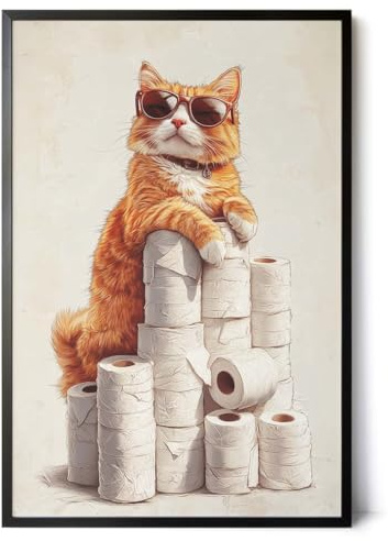 Paul Sinus Poster/Leinwandbild/Rahmenoption – Coole Katze auf dem Klopapier-Thron – Lustige WC-Deko für dein Badezimmer