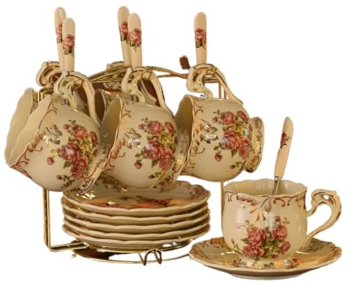 YILWPV Porzellan Teeservice 6 stücke Coffeeware Porzellan Kaffee Topf Tassen Tablett Set Keramik Teekanne Becher Set Drink Nachmittag Tee Party Hotel Kaffee Topf Tasse Für Büro(Rose)
