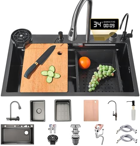85x50cm Fregaderos Cocina 1 seno de cascada Negro, Fregadero de Acero Inoxidable Con Nanorrevestimiento Y Grifo Extraíble, Para Montaje Superior, Incluye Lavavasos, Canasta De Drenaje De Accesorios