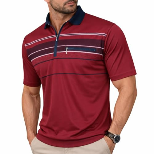 Soltice Poloshirts Herren Kurzarm, Gestreifte Polohemden mit Brusttasche, Blousonshirts aus Baumwoll-Mix (M), [MS2] Bordeaux