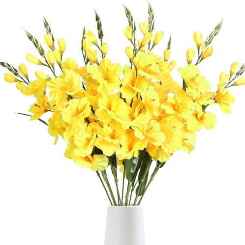 AQCQDQ Artificial Gladiolus with Long Stem, 78cm Long Artificial Flowers, White Gladioli Silk Flowers, Long Stem for Wedding, Baby Shower, Centerpieces, Decoration, 10 Pieces (Yellow,5pcs)