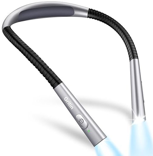 Gritin Leselampe Hals, Buchlampe Bett mit 4 Farben & 5 Helligkeit - Stufenlos Dimmbar, Augenschutz, Aufladbar 80h Dauer, Einstellarm, Ergonomisch Leselicht für Lesen im Bett/Stricken/Handarbeit