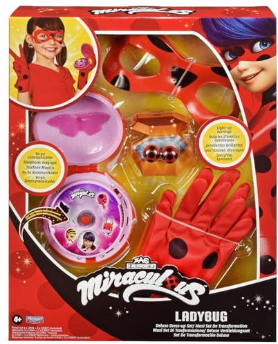 BANDAI – Miraculous Ladybug – Set Trasformazione Costume Ladybug – Yo-Yo Telefono Francese, Maschera, Guanti, Orecchini Luminosi – Confezione Accessori – Giocattolo dai 4 Anni in su – P50619