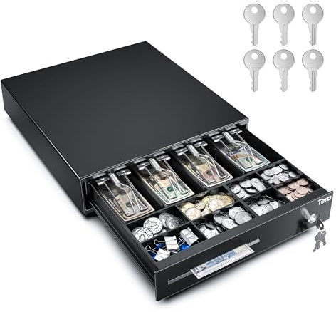 Tera 13 inch Auto Open Cash Register Drawer with 6 Keys Heavy Duty 4 Bill 8 Coin Removable Cash Tray Media Slot 24V RJ12 Key-Lock Round Corner for POS System Small Businesses Retail 330E