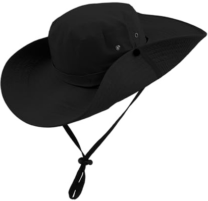 QINGZY Mens Wide Brim Fishing Hat, UV Protection Bucket Hat with Chin Strap, Foldable Waterproof Sun hat, Breathable Outdoor Boonie Cap for Hiking Camping Safari Beach (Black)