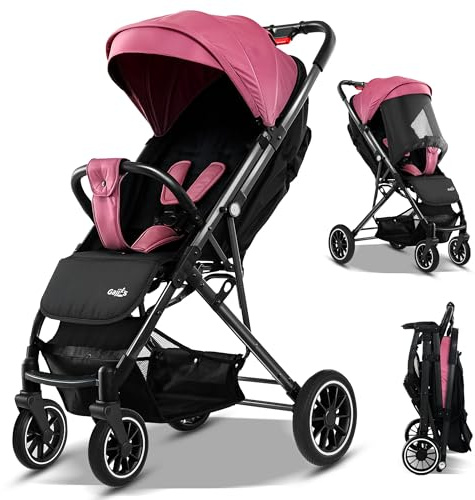 FK Sports Baby Pushchair Stroller from Birth to 3 Years Lightweight Foldable Travel Buggy with 5-Point Harness, Adjustable Seat Back and Oversized Basket with Cup Holder Smooth Swivel Wheels (Pink)