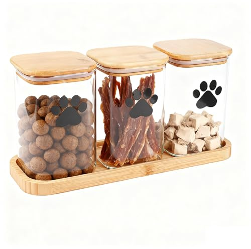 Geyecete Set von 3 Glas Hund Leckerlidose,1000ml Versiegelter Hunde Katzen Futterbehälter mit Holz Deckel,Futteraufbewahrung für Hunde und Katzen mit Tray,Hundekeksbehälter