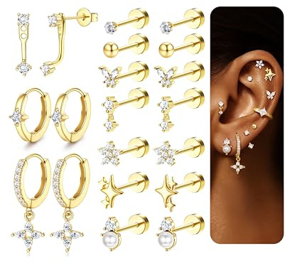 YADOCA 10Paar Piercing Ohr Gold Silber, 316L Chirurgenstahl Ohrringe für Damen Herren Medizinische Ohrstecker und Creolen für Mehrfachpiercing 14K Vergoldet Helix Tragus Piercings