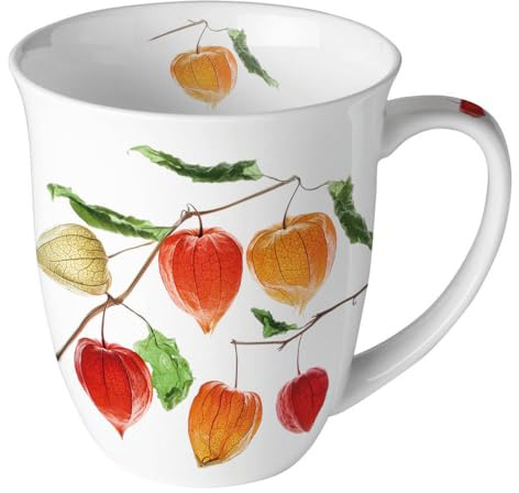 Ambiente Kaffeetasse Henkelbecher Teetasse Jumbotasse 0,4 l Fine Bone China Porzellan Lampionblume Herbst weiß bunt