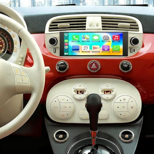 6.86 Android 14 Car Stereo Radio Compatible for Fiat 500 2007-2015 Double Din with Wireless CarPlay & Android Auto Car Stereo GPS Navi with Bluetooth Wifi FM/SWC Mirror Link + AHD Camera/Mic