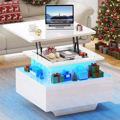 YITAHOME Coffee Table with Lift Top,60x60x45cm, High Glossy Lift up Coffee Table with LED Light String and 2 Drawers, Modern Wooden Square Tea Table for Living Room