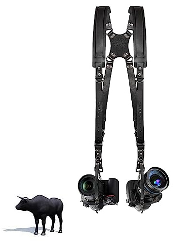 Rilime Leather Dual Camera Harness Strap for Two-Cameras, Dual Shoulder Full Grain Leather Harness,Multi Double Camera Gear for DSLR/SLR Strap,Double Camera Harness for Photographers(Black)