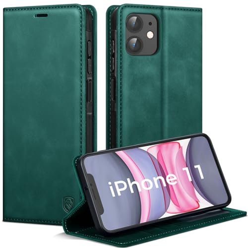 AIMOYU Handyhülle für iPhone 11 Hülle, Premium PU Leder Klapphülle Schutzhülle, Tasche Magnet Kartenfach Standfunktion Flip Case Hülle für iPhone 11, Blau Grün