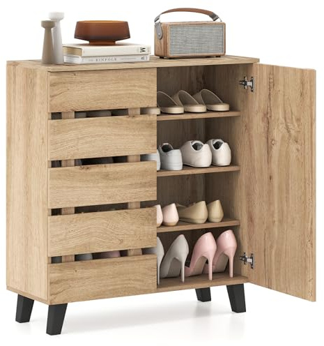 COSTWAY Zapatero Entrada Recibidor,Mueble Zapatero de 4 Niveles con Estantes Extraíbles, 2 Puertas con Puerta de Persiana, Shoe Cabinet Madera, Entrada Pasillo Salon, 80 x 33 x 87,5 cm, Natural