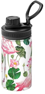 Bouteille d'eau isotherme à double paroi en acier inoxydable avec motif flamant rose et feuilles pour boissons chaudes et froides - 355 ml