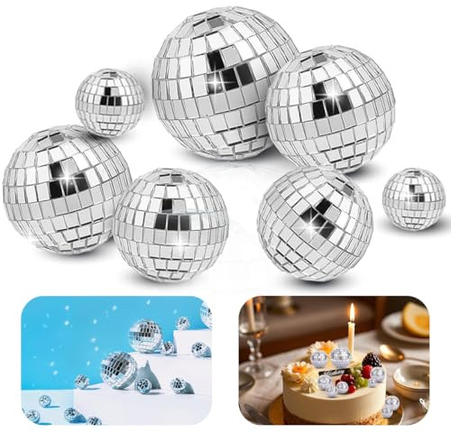 7 Pcs Mini Disco Balls for Cake, Disco Ball Cake Decorations, Mini Disco Balls Shiny Silver Mirror Finish, Disco Balls for Cake Toppers, Cupcake Party Supplies Glitter Decor