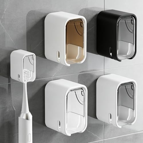 4uds Portacepillos Pared Autoadhesivo con Tapa sin taladrar | Tapa acrílica transparente anti-polvo, para cepillos eléctricos, higiénica para baño y viaje
