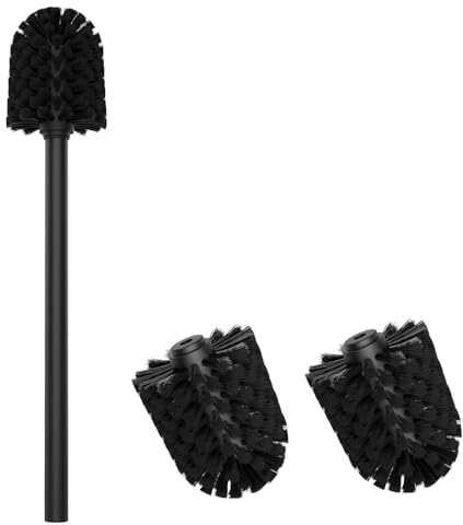 Mozmmhi WC-borste, toalettborste med 3 reservhuvuden, PP-toalettborste i 304 rostfritt stål handtag för badrumsrengöring (svart, 7 cm diameter)