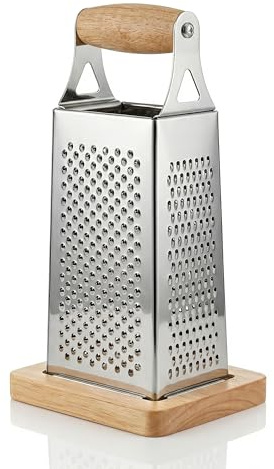 Arendo - 4 Seitige Küchenreibe aus Edelstahl – Vierkantreibe mit Holzbasis aus Echtholz – Reibe für Gemüse Obst Gemüse Käse uvm. – Praktische Gadgets für die Küche