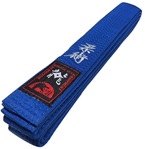 Budodrake Blaugurt Bestickt mit Jiu-Jitsu/Ju Jutsu Schriftzeichen, Bestickung in Silber, Blauer Gürtel (280 cm)