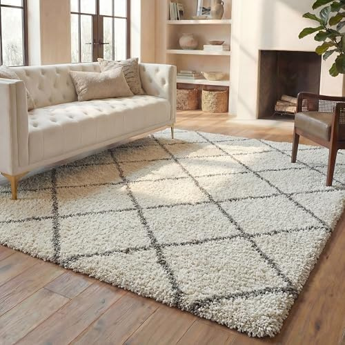 SAFAVIEH Hudson Shag Collection 8' x 10' Ivory/Grey SGH281A Modern Diamond Trellis Non-Shedding Living Room Bedroom Dining Room Entryway Plush 2-inch Thick Area Rug