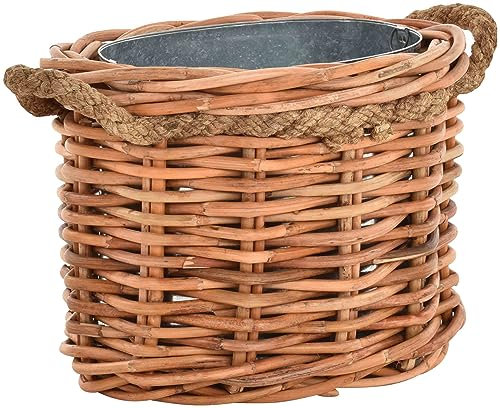 korb.outlet Großer Pflanzkorb oval aus Natur Rattan 55x45cm mit Griffen und Einsatz aus Zink/geflochtener Übertopf aus Rattan/Größe L auch als Holzkorb einsetzbar
