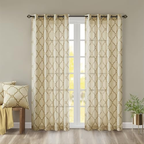 Madison Park Saratoga Rideau de fenêtre filtrant la lumière imprimé chantourné 1 Panneau à œillets pour Salon, Chambre à Coucher et dortoir, 127 x 160 cm, Beige/doré