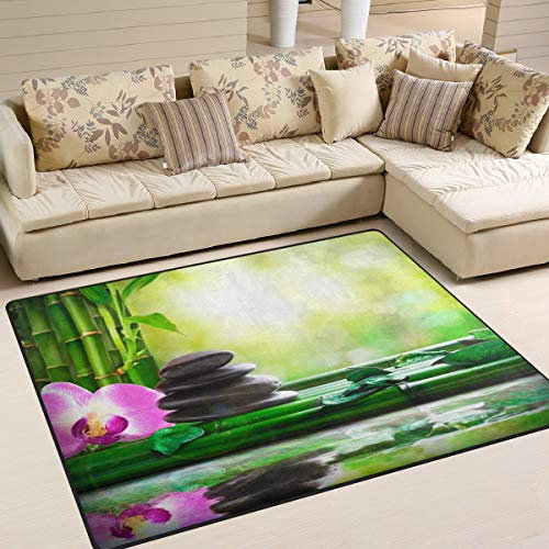 Use7 Schwarzer Bambus-Teppich mit Orchideen-Motiv und Blättern, für Wohnzimmer, Schlafzimmer, 160 x 122 cm