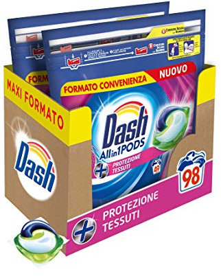 Dash Pods All in 1 Detergente Lavadora en Cápsulas, 98 lavados (2 x 49), Maxi Formato, Ayuda a proteger las fibras de la ropa, Eficaz incluso a baja temperatura