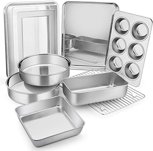 E-far Stainless Steel Baking Pan Set, E-far 9-Piece Bakeware Sets, Include Metal Round/Square Cake Pans, Rectangle Baking Pan with Lid, Loaf Pan, Muffin Pan, Cookie Sheet with Rack, Dishwasher Safe