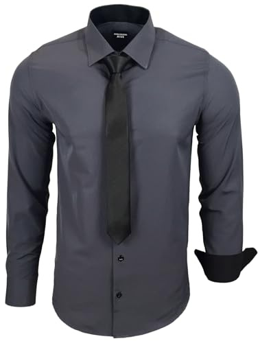 Subliminal Mode - Camisa para hombre de manga larga con cuello bicolor liso + Corbata negra, camisa de corte ajustado para negocios, fácil de planchar RN77, antracita, L