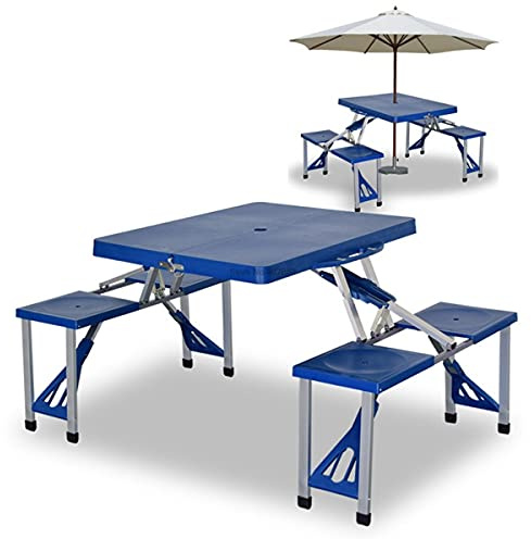 ADGO Tavolo Pieghevole Mobili da Viaggio con 4 Sgabelli, Valigia Compatta Impermeabile Leggera da Viaggio, per Campeggio, Alluminio PVC, Tavolo 2 in 1 e 4 Posti, Blu, 1 pezzo