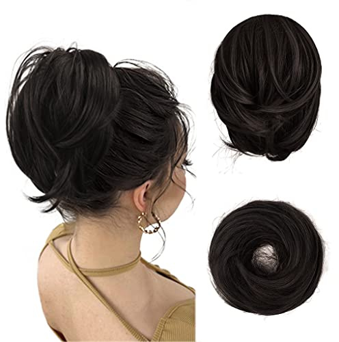 BARSDAR Straight Hair Bun Extensions, Short Ponytail Brown Hair Bun Extensions, Synthetic Messy Bun Hairpieces Elastic Easy Scrunchies for Women - Darker Brown