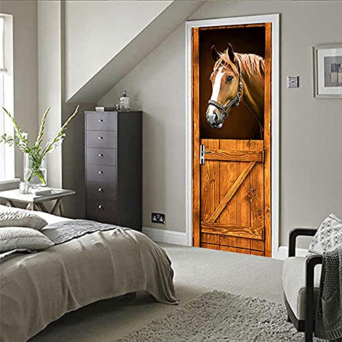 GSKBDQ Art Wandtattoo Holztürtier Pferd 95X215Cm 3D Kreative Türaufkleber Selbstklebend Türposter Schlafzimmer Haus Bad wasserdichte Türtapete Wohnzimmer Deko Wandbild Wandaufkleber