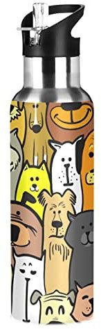 Cartoon Doodle Hunde Katzen Wasserflasche Trinkflasche mit Strohhalmdeckel Auslaufsicher Isolierte Edelstahl Thermosflasche für Jungen Mädchen Gym Sport 600ml