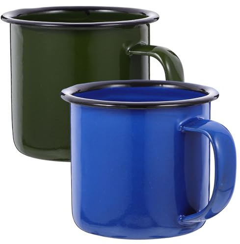 DOITOOL Enamel Cup Set of 2 Vintage Drinking Cups for Tea Milk Coffee and Water Enamel Mug with Flat Base for Home Office Restaurant and Hotel Use