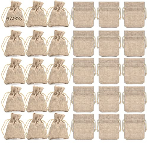 JuteSäckchen, 50 Pcs Jutebeutel mit Kordelzug, 9 × 7 cm kleine Geschenksäckchen, Leinen-Säckchen, kleiner Jute-Sackbeutel Natur für Schmuck, DIY & Handwerk
