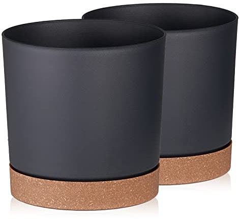 Tymar Pot de Fleur avec Soucoupe, Lot de 2 Pots de Plantes décoratifs en Plastique, Forme Ronde Moderne pour l'intérieur (ø 30 cm, (2pack) LI Graphite)