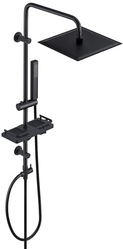 Görbach Colonna Doccia Nero in Acciaio Inox Senza Miscelatore Fori Muro Regolabili Asta Doccia Set Doccia a Pioggia Con Doccetta e Soffione Doccia e Porta Ogetti Mensola Quadrato 20 * 20 cm