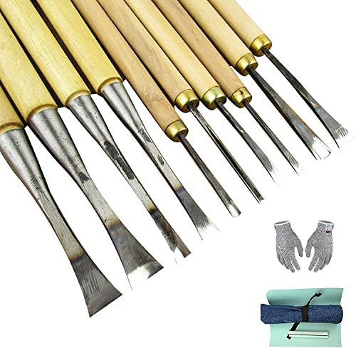 Holzschnitzwerkzeuge-Set mit 10 Holzschnitzwerkzeugen in voller Größe, gebogener Meißel, Handmeißel, Holzschnitzmesser für Anfänger, schnittfeste Handschuhe, Wetzstein, Segeltuchkoffer, Drehwerkzeug