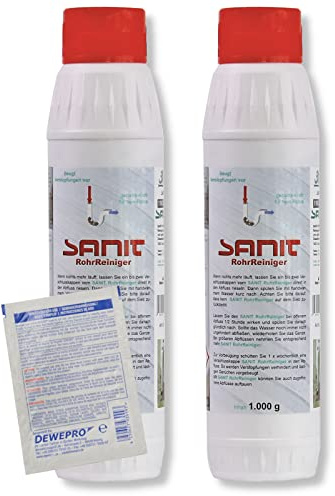 DEWEPRO-Set: SANIT RohrReiniger (3061) - 2 Flaschen à 1000g - Granulat-Rohrreiniger zur selbsttätigen Beseitigung von Verstopfungen in Rohren und Siphons, inkl. 1 St. DEWEPRO® Single Scrubs