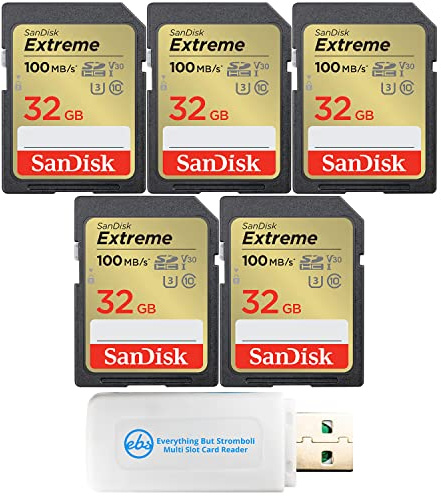 SanDisk Extreme - Tarjeta SD de 32 GB (paquete de 5) tarjetas de memoria para funciona con cámara digital, computadora, cámaras de rastreo (SDSDXVT-032G-GNCIN) con (1) lector de tarjetas micro y SD