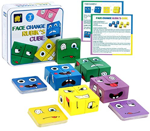 LiRiQi Holzwürfel Puzzle, Sensorik Spielzeug Bauwürfel Holzpuzzle Gesichter, Bunte Zauberwürfel Baustein Interaktion Spielzeug, Montessori Lernspielzeug für Kinder ab 3 Jahren