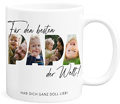 Papa Tasse personalisierte Kaffeetasse mit Fotos als Vatertagsgeschenk | Personalisiert, hochwertige Keramik, spülmaschinen- & mikrowellengeeignet, Bester Papa der Welt, Fototasse