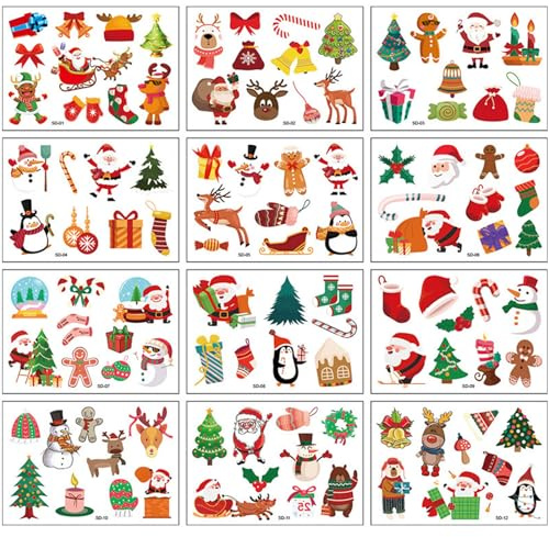 BOOSHMall Weihnachten Tattoo Kinder, 24 Blätter, Weihnachts Aufkleber für Weinachtsdekorationen, Mitgebsel Kindergeburtstag Party Zubehör