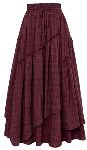 Scarlet Darkness Long Skirts for Women Renaissance Costume Pirate Maxi Skirt Plus Size with Pockets, Wine Plaid, M