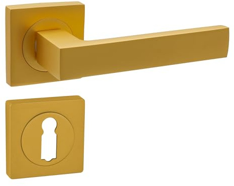 domino Türgriff Drückergarnitur BB-Buntbart Set | mit quadratischen BB Rosetten | Türklinke für Zimmertür | Türbeschläge aus Aluminium | Gold Matt Türdrückergarnitur| QUBIK-QR K-GOLD MATT